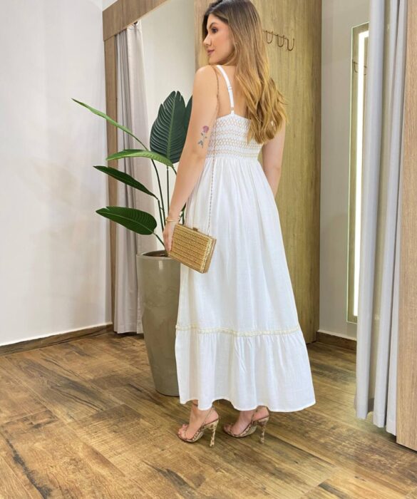 Vestido Longo Lily Viscolinho sem Bojo com Lastex Off White - Fernanda Ramos Store