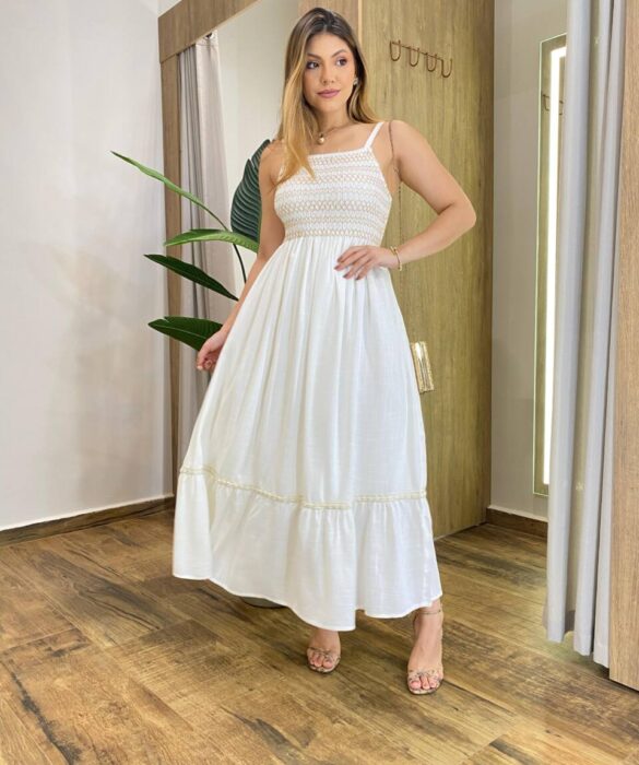 Vestido Longo Lily Viscolinho sem Bojo com Lastex Off White - Fernanda Ramos Store