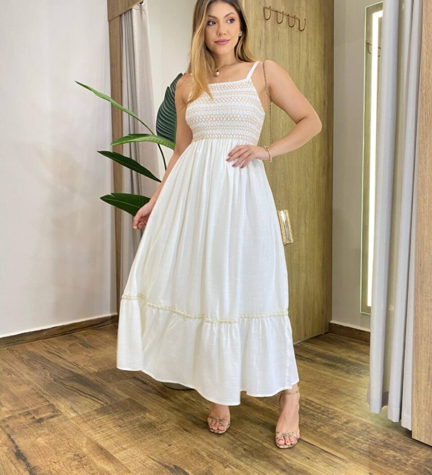 Vestido Longo Lily Viscolinho sem Bojo com Lastex Off White - Fernanda Ramos Store