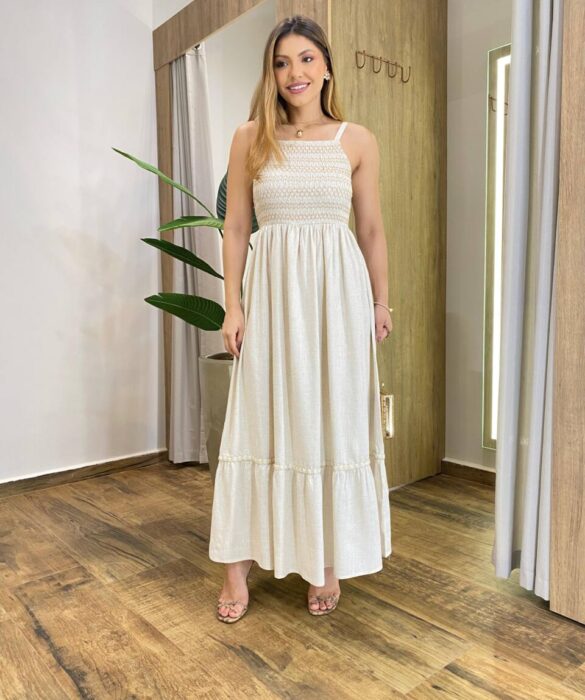 Vestido Longo Lily Viscolinho sem Bojo com Lastex Cru - Fernanda Ramos Store