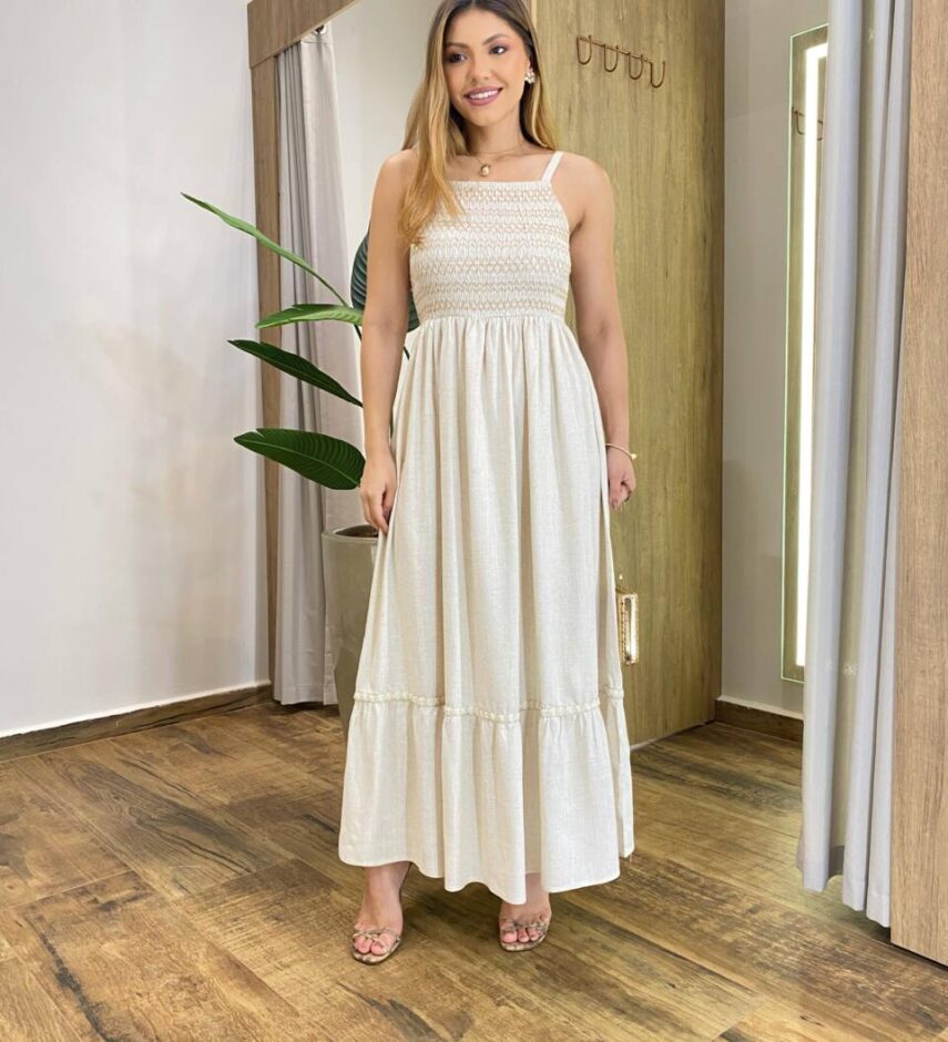 Vestido Longo Lily Viscolinho sem Bojo com Lastex Cru - Fernanda Ramos Store