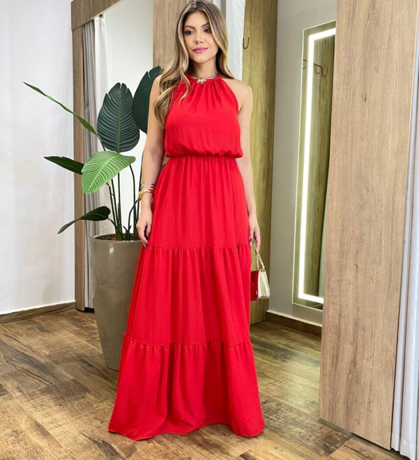 Vestido Longo Luana Vermelho com Bojo e Amarração - Fernanda Ramos Store