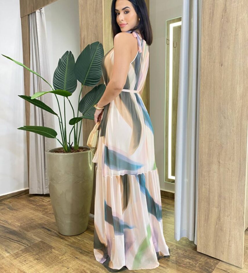 Vestido Longo Luma Tule sem Bojo com Amarração Estampado - Fernanda Ramos Store