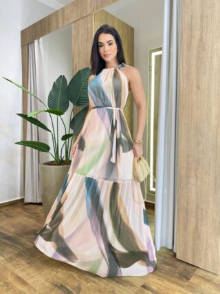 Vestido Longo Luma Tule sem Bojo com Amarração Estampado - Fernanda Ramos Store