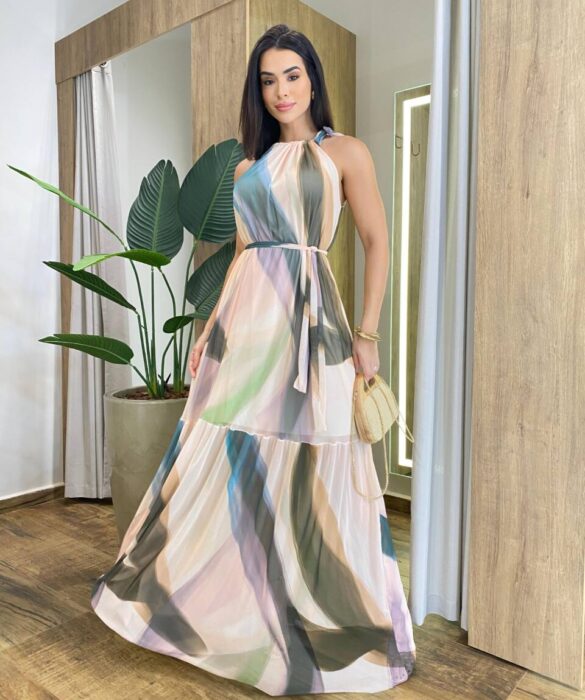 Vestido Longo Luma Tule sem Bojo com Amarração Estampado - Fernanda Ramos Store