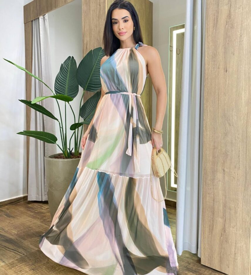 Vestido Longo Luma Tule sem Bojo com Amarração Estampado - Fernanda Ramos Store