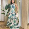 Vestido Longo Luma Tule sem Bojo com Amarração Estampado de Verde - Fernanda Ramos Store