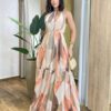 Vestido Longo Luma Tule sem Bojo com Amarração Nude Estampado - Fernanda Ramos Store