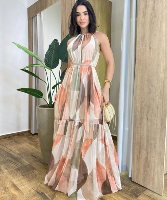 Vestido Longo Luma Tule sem Bojo com Amarração Nude Estampado - Fernanda Ramos Store