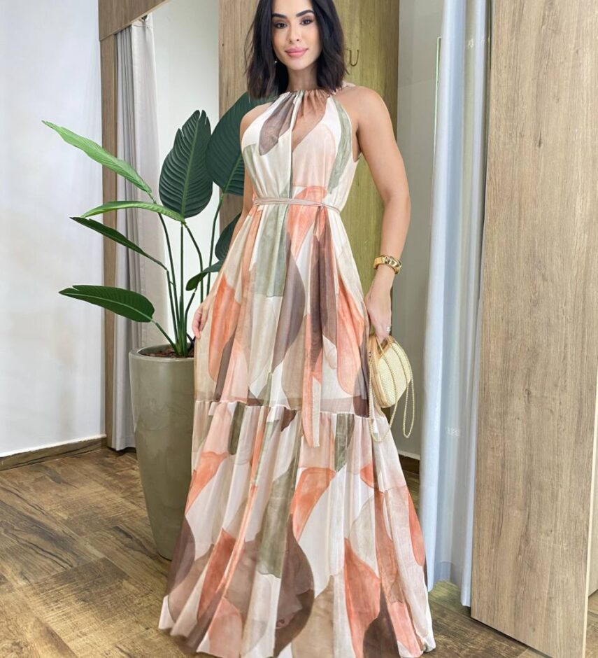 Vestido Longo Luma Tule sem Bojo com Amarração Nude Estampado - Fernanda Ramos Store