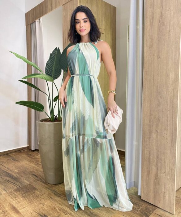 Vestido Longo Luma Tule sem Bojo com Amarração Verde Claro Estampado - Fernanda Ramos Store