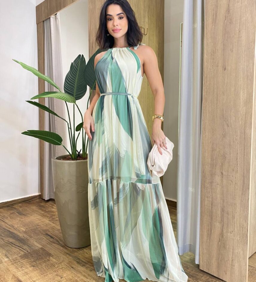 Vestido Longo Luma Tule sem Bojo com Amarração Verde Claro Estampado - Fernanda Ramos Store