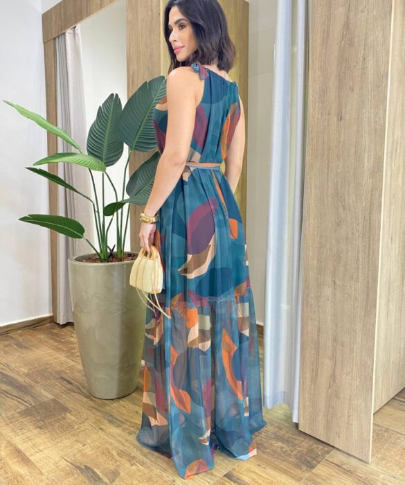 Vestido Longo Luma Tule sem Bojo com Amarração Verde Estampado - Fernanda Ramos Store