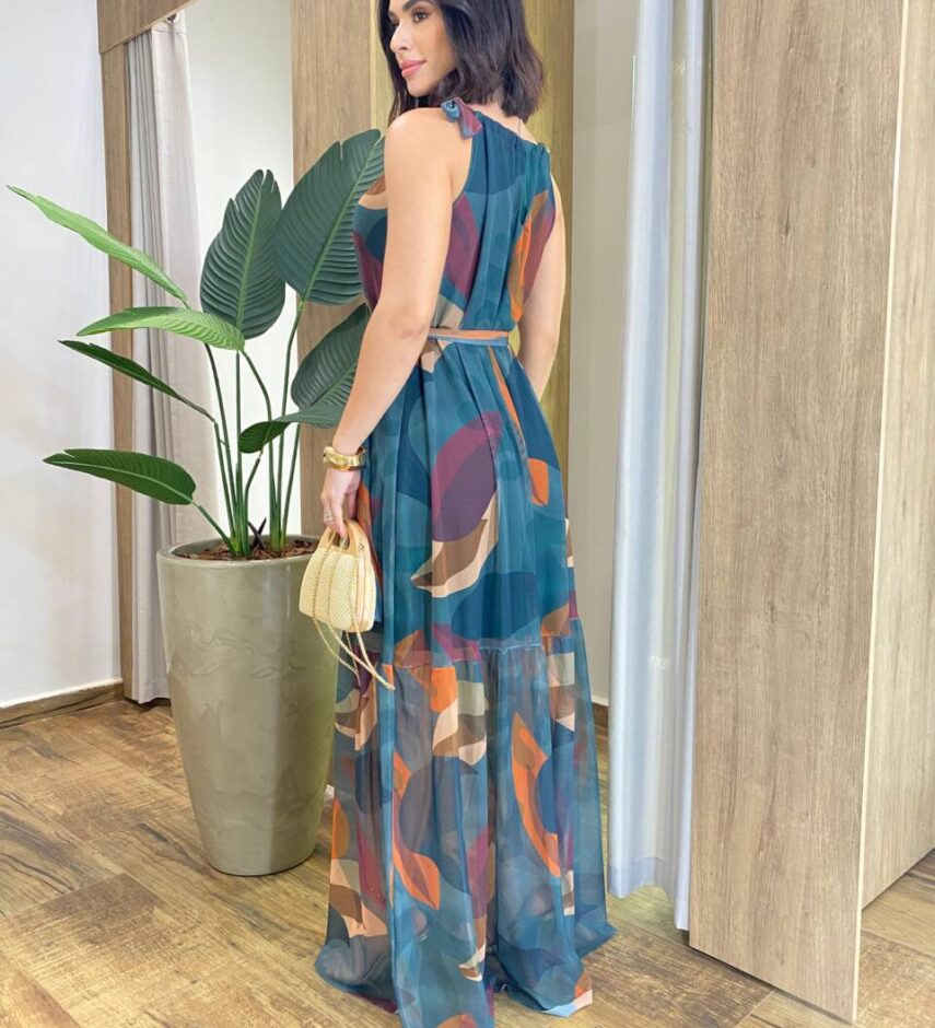 Vestido Longo Luma Tule sem Bojo com Amarração Verde Estampado - Fernanda Ramos Store