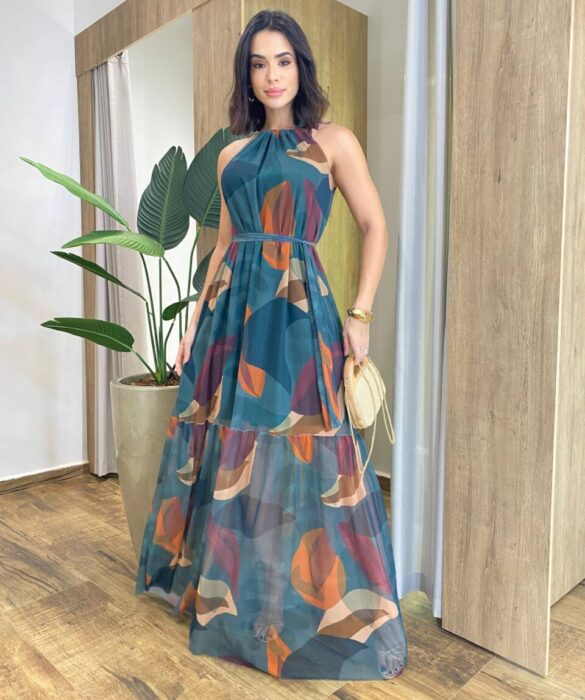 Vestido Longo Luma Tule sem Bojo com Amarração Verde Estampado - Fernanda Ramos Store