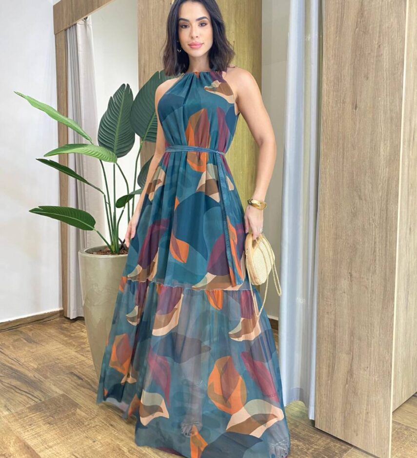 Vestido Longo Luma Tule sem Bojo com Amarração Verde Estampado - Fernanda Ramos Store
