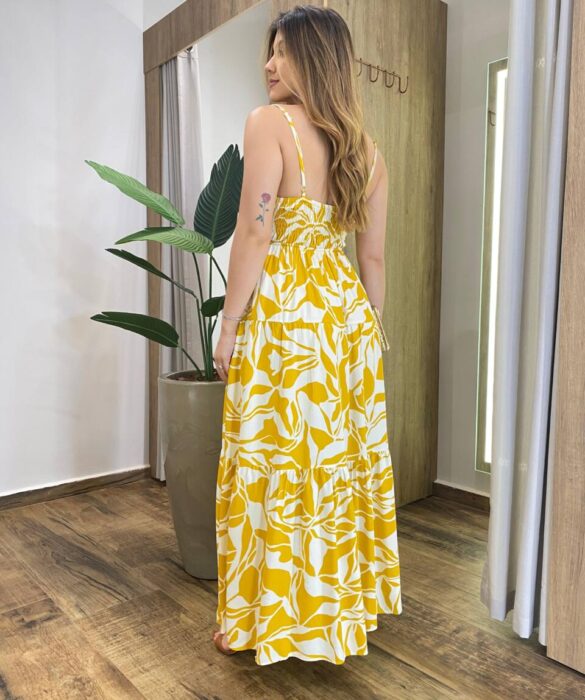 Vestido Longo Nice Alça Regulável sem Bojo Estampado de Mostarda - Fernanda Ramos Store