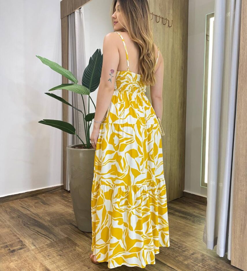 Vestido Longo Nice Alça Regulável sem Bojo Estampado de Mostarda - Fernanda Ramos Store