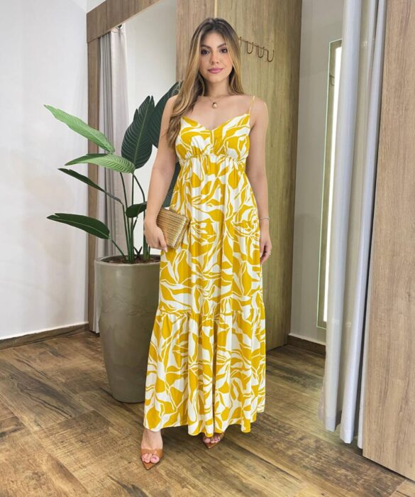 Vestido Longo Nice Alça Regulável sem Bojo Estampado de Mostarda - Fernanda Ramos Store