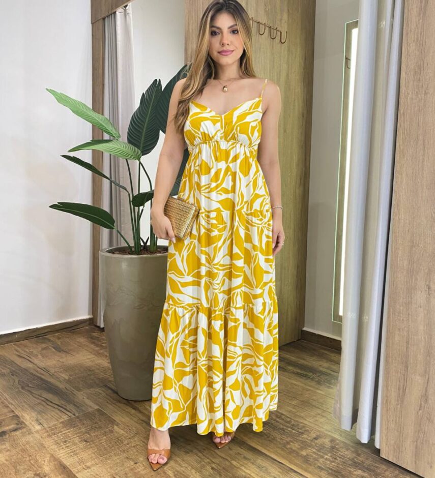 Vestido Longo Nice Alça Regulável sem Bojo Estampado de Mostarda - Fernanda Ramos Store