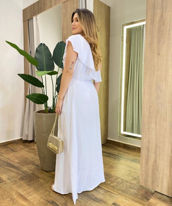 Vestido Longo Nula Manga Rafaela sem Bojo Branco Detalhe de Babado - Fernanda Ramos Store