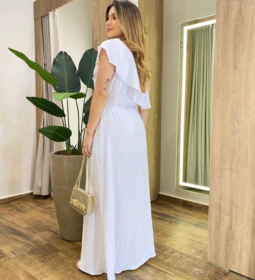 Vestido Longo Nula Manga Rafaela sem Bojo Branco Detalhe de Babado - Fernanda Ramos Store