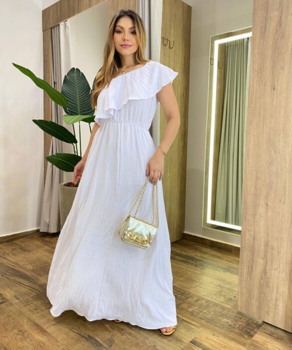 Vestido Longo Nula Manga Rafaela sem Bojo Branco Detalhe de Babado - Fernanda Ramos Store