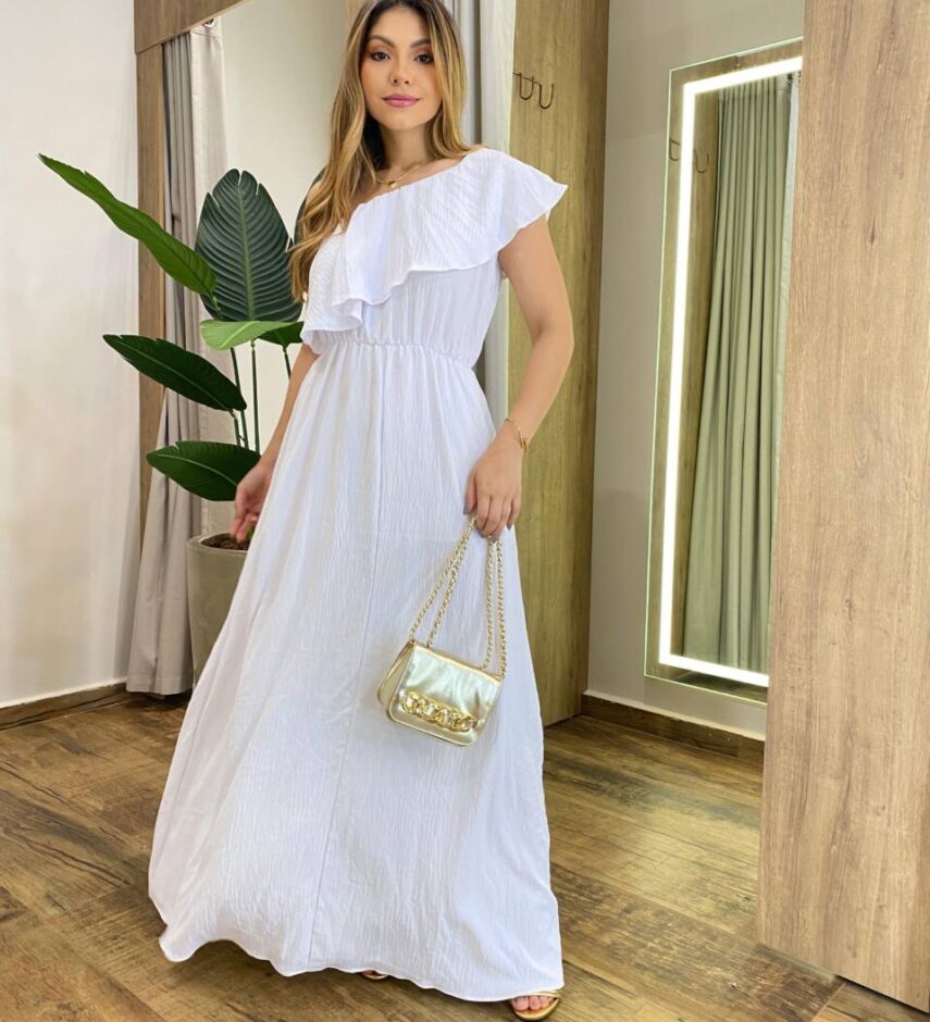 Vestido Longo Nula Manga Rafaela sem Bojo Branco Detalhe de Babado - Fernanda Ramos Store