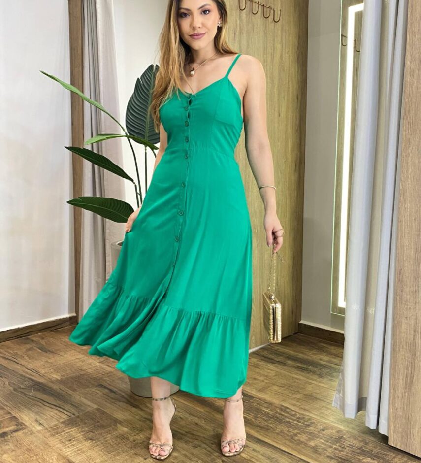 Vestido Longuete com Bojo e Botões Alça Regulável Verde - Fernanda Ramos Store