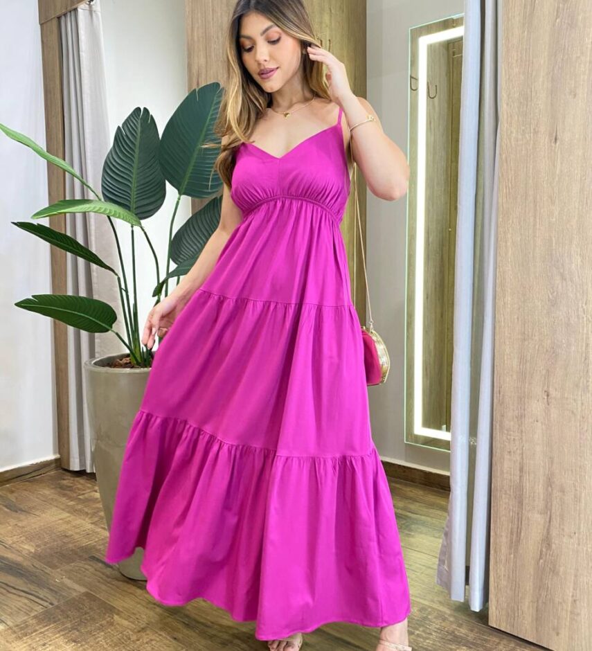 Vestido Longuete Jade sem Bojo com Lastex e Alça Regulável Fúcsia - Fernanda Ramos Store