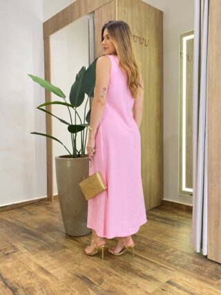 Vestido Midi Ana sem Bojo com Fenda Lateral e Bolsos Rosa - Fernanda Ramos Store