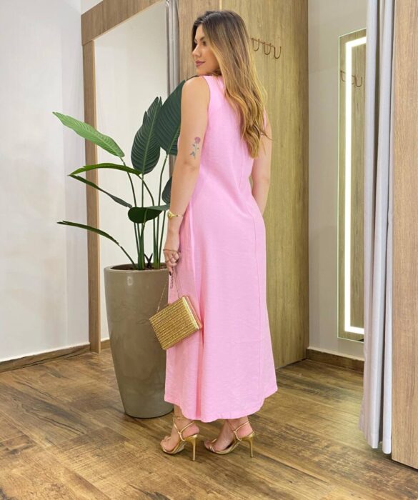 Vestido Midi Ana sem Bojo com Fenda Lateral e Bolsos Rosa - Fernanda Ramos Store