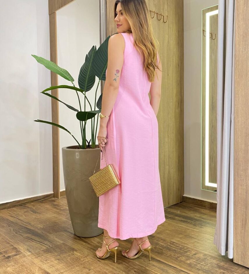 Vestido Midi Ana sem Bojo com Fenda Lateral e Bolsos Rosa - Fernanda Ramos Store