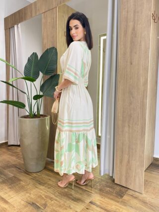 Vestido Midi Beatriz Viscolinho sem Bojo Manga 3/4 Bege Estampado - Fernanda Ramos Store