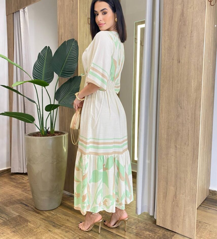 Vestido Midi Beatriz Viscolinho sem Bojo Manga 3/4 Bege Estampado - Fernanda Ramos Store