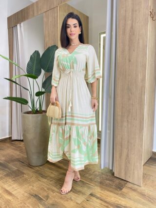 Vestido Midi Beatriz Viscolinho sem Bojo Manga 3/4 Bege Estampado - Fernanda Ramos Store