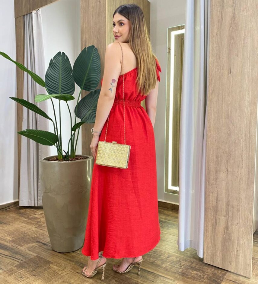 Vestido Midi com Bojo Nula Manga Detalhe de Laço na Alça Vermelho - Fernanda Ramos Store