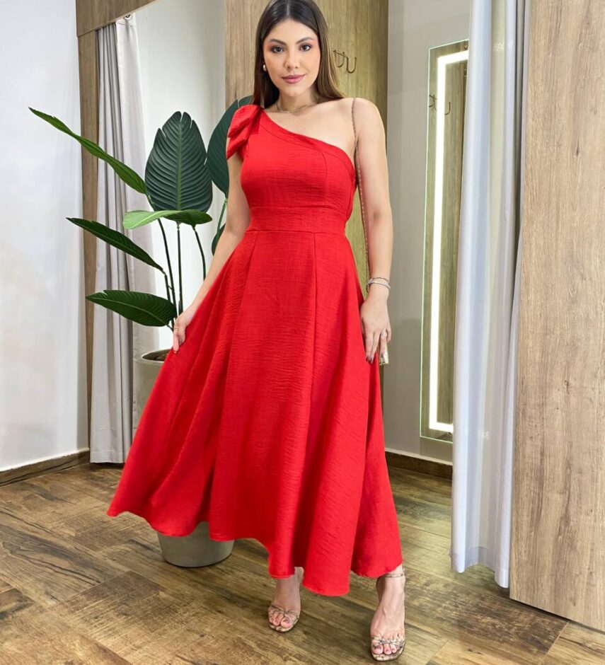 Vestido Midi com Bojo Nula Manga Detalhe de Laço na Alça Vermelho - Fernanda Ramos Store