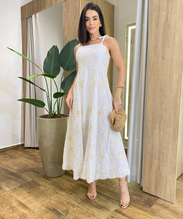 Vestido Midi Sofia de Laise sem Bojo Bordado Off White - Fernanda Ramos Store