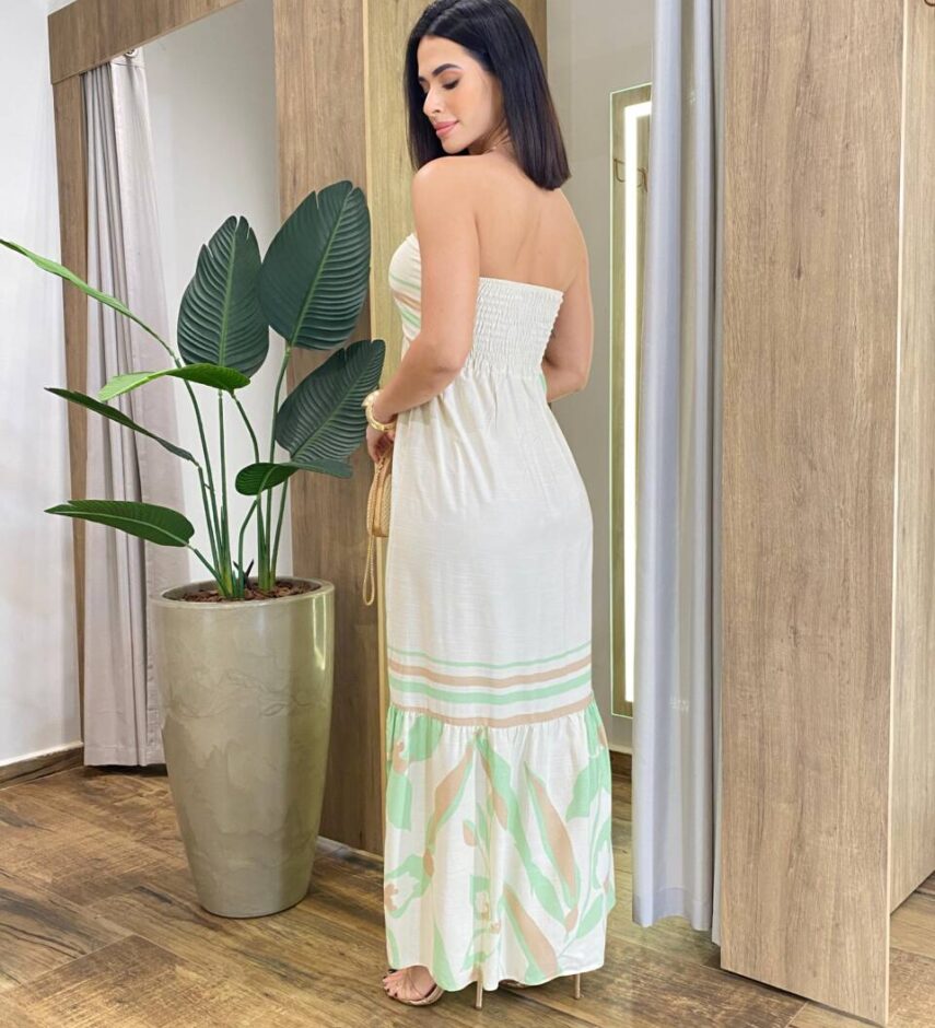 Vestido Midi Íris Tomara que Caia sem Bojo Bege Estampado - Fernanda Ramos Store
