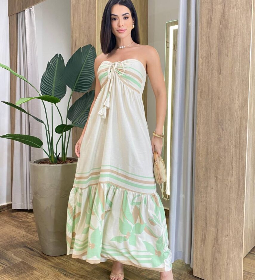 Vestido Midi Íris Tomara que Caia sem Bojo Bege Estampado - Fernanda Ramos Store