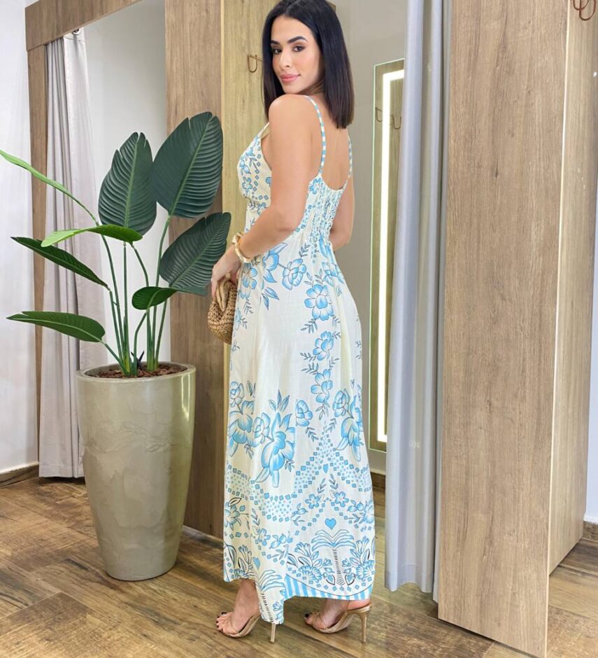Vestido Midi Jéssica Viscolinho sem Bojo com Lastex Nude Estampado - Fernanda Ramos Store
