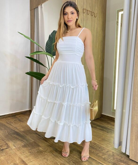 Vestido Midi Júlia Crepe com Bojo e Amarração Atrás Branco - Fernanda Ramos Store