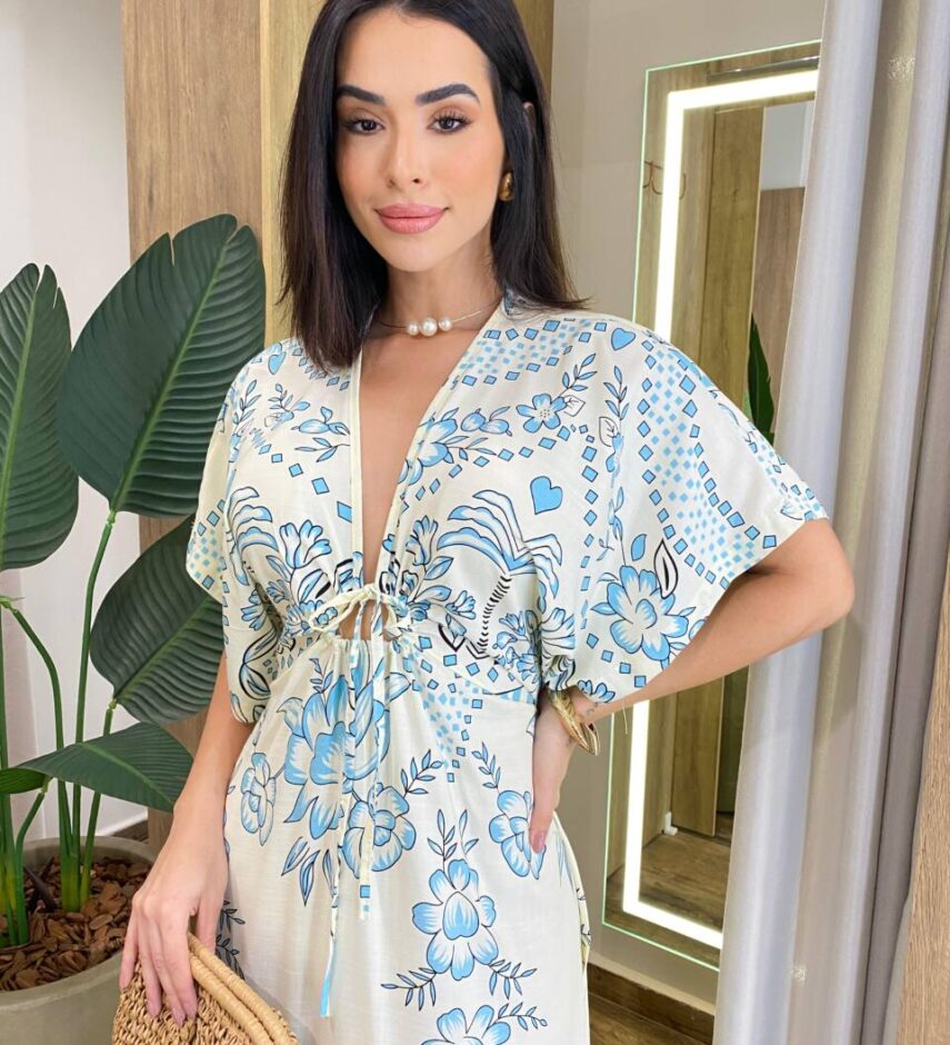 Vestido Midi Mia Viscolinho sem Bojo Manga 3/4 Nude Estampado - Fernanda Ramos Store