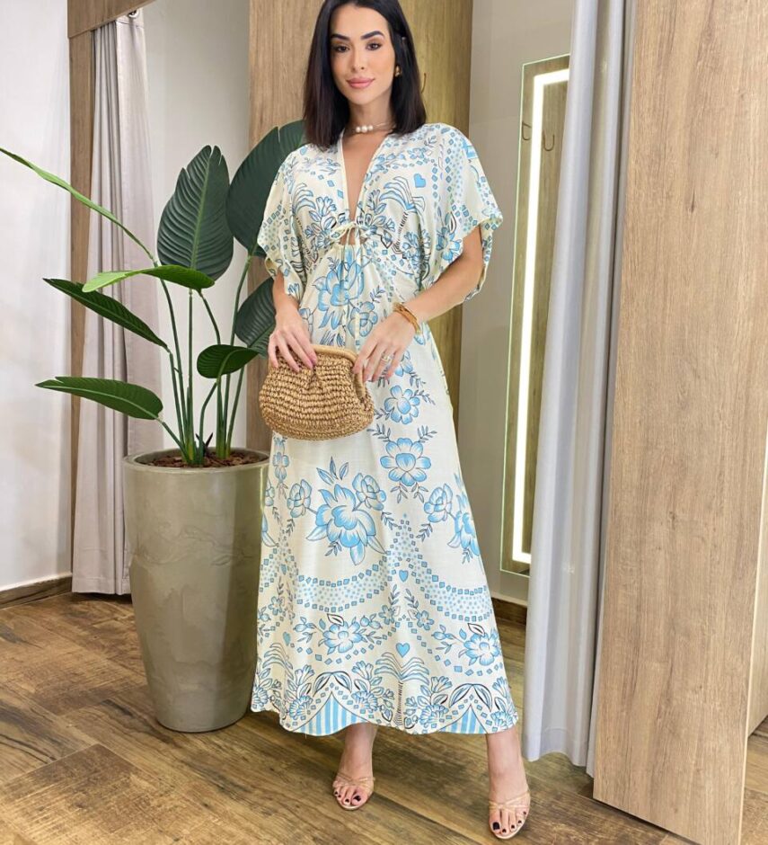 Vestido Midi Mia Viscolinho sem Bojo Manga 3/4 Nude Estampado - Fernanda Ramos Store
