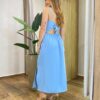 Vestido Midi Nara com Bojo Fenda e Detalhe em Flor Azul - Fernanda Ramos Store