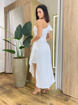 Vestido Midi Sara Nula Manga com Bojo e Fenda Lateral Branco - Fernanda Ramos Store