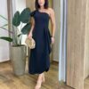 Vestido Midi Sara Nula Manga com Bojo e Fenda Lateral Preto - Fernanda Ramos Store