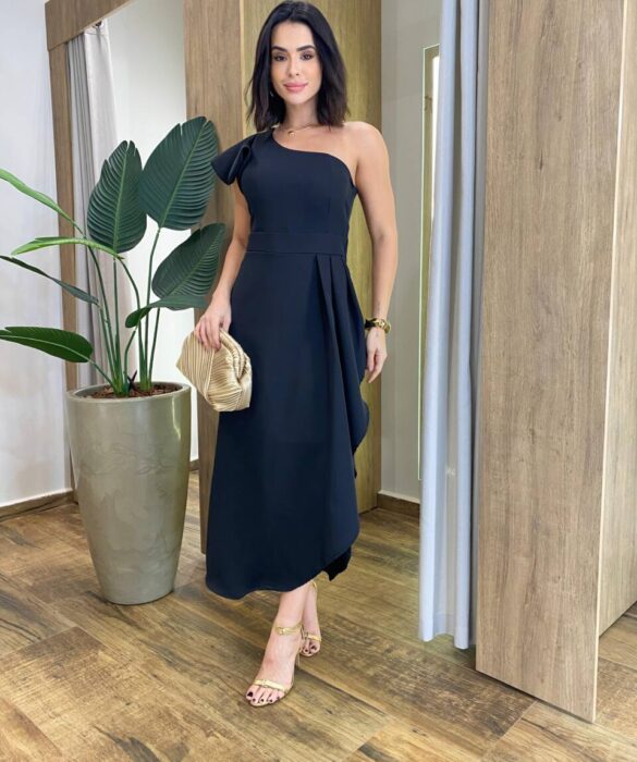 Vestido Midi Sara Nula Manga com Bojo e Fenda Lateral Preto - Fernanda Ramos Store