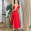 Vestido Midi Sara Nula Manga com Bojo e Fenda Lateral Vermelho - Fernanda Ramos Store